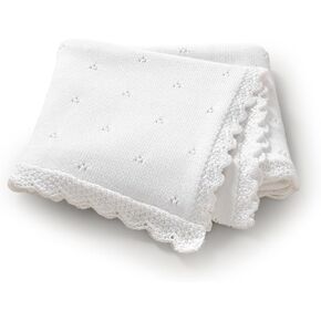 LAWKUL Organic Cotton Baby Blanket for Boys Girls, 30x40 Inch (White) | Soft Knitted Crochet, Newborn Neutral, Crib Receiving, Nursery Swaddle, Lightweight Breathable in Saudi Arabia