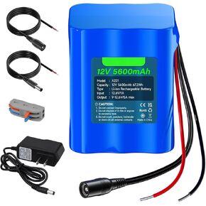 CITYORK 12V Lithium Battery 5600mAh with Charger, Bare-Leads, Cable Connector, 12V Rechargeable Battery for DIY Projects, Speaker Box, RC Car, LED Light Strip, CCTV Camera, etc (9-12.6V) in Kuwait