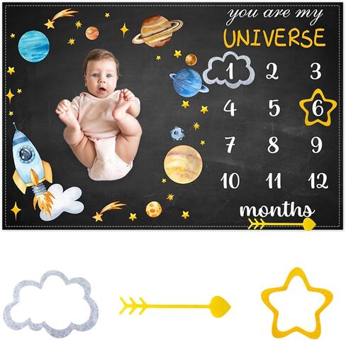 Outer Space Themed Baby Monthly Milestone Blanket Planet Cosmic Print Newborn First Year Growth Mat Baby Shower Memory Picture Recording Blanket 60"x40" with Frame in Kuwait
