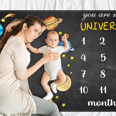 Outer Space Themed Baby Monthly Milestone Blanket Planet Cosmic Print Newborn First Year Growth Mat Baby Shower Memory Picture Recording Blanket 60"x40" with Frame in Kuwait