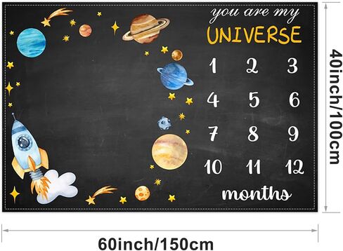 Outer Space Themed Baby Monthly Milestone Blanket Planet Cosmic Print Newborn First Year Growth Mat Baby Shower Memory Picture Recording Blanket 60"x40" with Frame in Kuwait