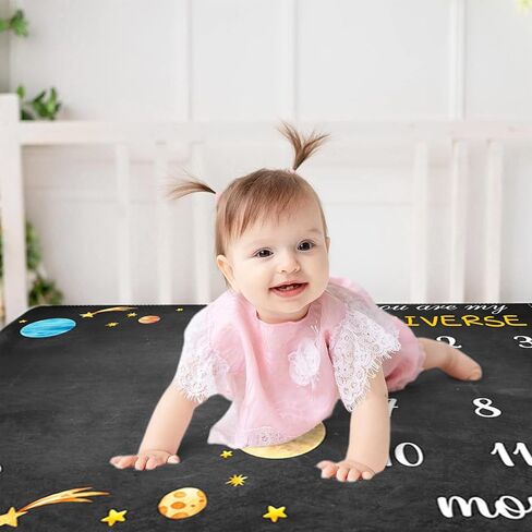 Outer Space Themed Baby Monthly Milestone Blanket Planet Cosmic Print Newborn First Year Growth Mat Baby Shower Memory Picture Recording Blanket 60"x40" with Frame in Kuwait