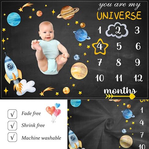 Outer Space Themed Baby Monthly Milestone Blanket Planet Cosmic Print Newborn First Year Growth Mat Baby Shower Memory Picture Recording Blanket 60"x40" with Frame in Kuwait