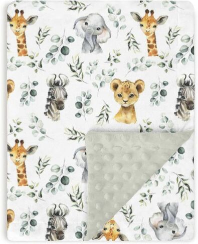 Safari Jungle Animals Baby Blankets Girl Boy 30 x 40, Green Eucalyptus leaf Soft Double Layer Minky Blanket Dotted Fleece Back, Nursery Bed Receiving Quilt Newborn Infant Toddler Shower Gift in Saudi Arabia