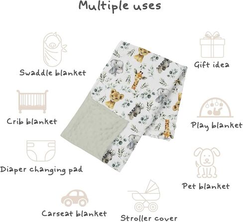 Safari Jungle Animals Baby Blankets Girl Boy 30 x 40, Green Eucalyptus leaf Soft Double Layer Minky Blanket Dotted Fleece Back, Nursery Bed Receiving Quilt Newborn Infant Toddler Shower Gift in Saudi Arabia