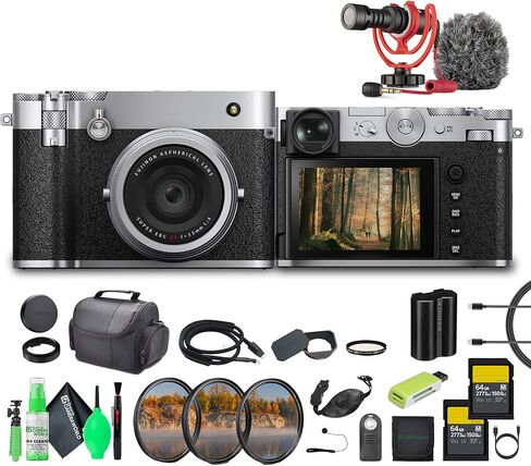 كاميرا رقمية FUJIFILM GFX100RF متوسطة الحجم بدون مرآة، مستشعر BSI CMOS II بدقة 102 ميجابكسل، طراز محدد المدى المدمج القوي، عدسة F4 مقاس 35 مم + بطاقة ذاكرة 2X سعة 64 جيجابايت + المزيد - فضي in Kuwait