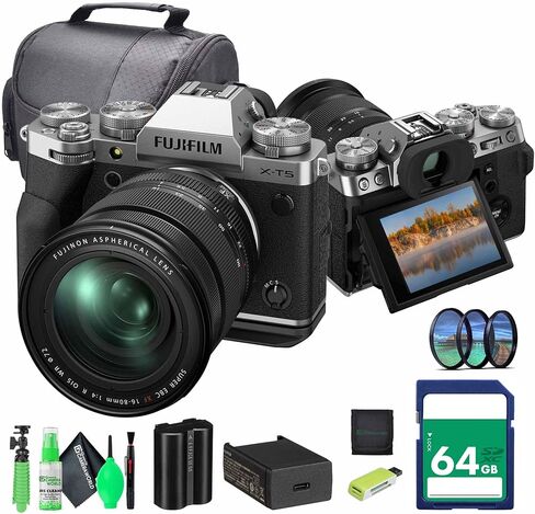 كاميرا Fujifilm X-T5 الرقمية بدون مرآة طقم عدسات XF16-80mm - حزمة فضية مع بطاقة ذاكرة 64 جيجابايت + طقم تنظيف + حامل ثلاثي مرن لمدونات الفيديو + المزيد من الملحقات in Kuwait