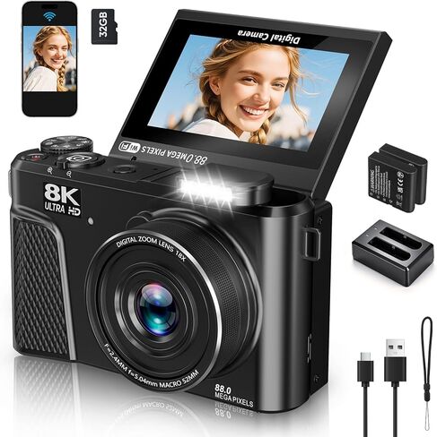كاميرا رقمية 8K للتصوير الفوتوغرافي، كاميرا ويب واي فاي بدقة 88 ميجابكسل لليوتيوب/التبخير المباشر، شاشة قلاب 3 بوصة 180 درجة وكاميرات مضادة للاهتزاز بتركيز تلقائي 18X مع غطاء عدسة، بطاقة 32 جيجابايت، بطاريتان in Kuwait