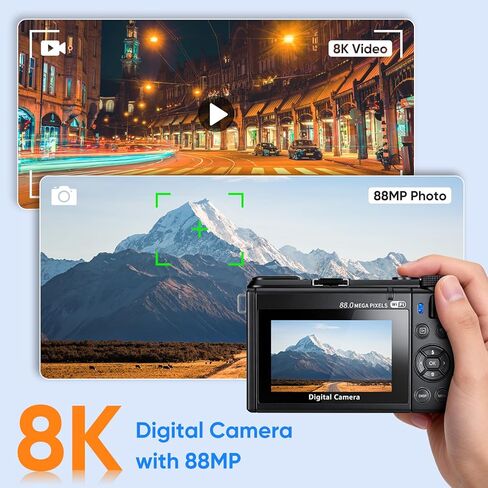 كاميرا رقمية 8K للتصوير الفوتوغرافي، كاميرا ويب واي فاي بدقة 88 ميجابكسل لليوتيوب/التبخير المباشر، شاشة قلاب 3 بوصة 180 درجة وكاميرات مضادة للاهتزاز بتركيز تلقائي 18X مع غطاء عدسة، بطاقة 32 جيجابايت، بطاريتان in Kuwait