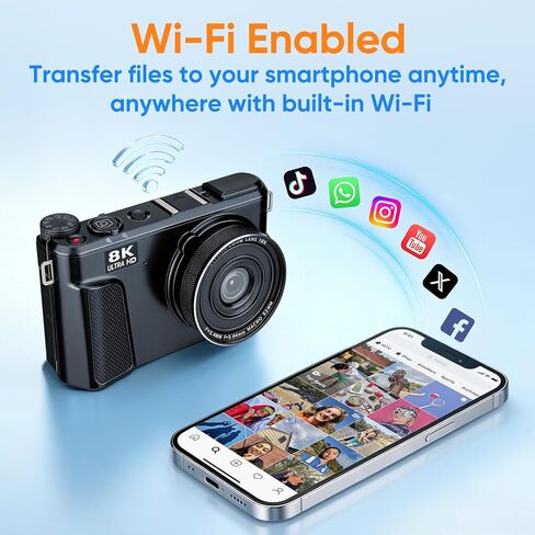 كاميرا رقمية 8K للتصوير الفوتوغرافي، كاميرا ويب واي فاي بدقة 88 ميجابكسل لليوتيوب/التبخير المباشر، شاشة قلاب 3 بوصة 180 درجة وكاميرات مضادة للاهتزاز بتركيز تلقائي 18X مع غطاء عدسة، بطاقة 32 جيجابايت، بطاريتان in Kuwait