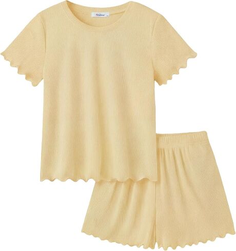 Arshiner Girls Shorts Set 2‑Piece Ribbed Knit Summer Outfit Short Sleeve Top & Elastic Waist Shorts Casual Playwear in Saudi Arabia