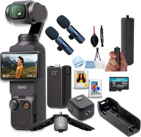 DJI Osmo Pocket 3، كاميرا تسجيل فيديو بدقة 4K/120 إطارًا في الثانية، تثبيت ثلاثي المحاور، تتبع الوجه/الأشياء، + ذاكرة 64 جيجابايت، 2 ميكروفون، بطارية، برنامج قبضة اليد + المزيد (حزمة تسجيل الفيديو القوية) in Kuwait