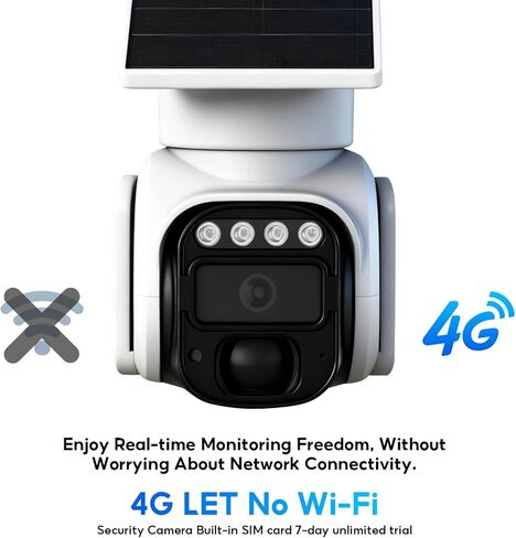 4G LTE Cellular Security Camera No Internet Needed, Solar No WiFi Security Camera Outdoor Wireless with SIM Card, 2K Color Night Version, 360 Live View, Motion Detection, 2-Way Audio in Kuwait