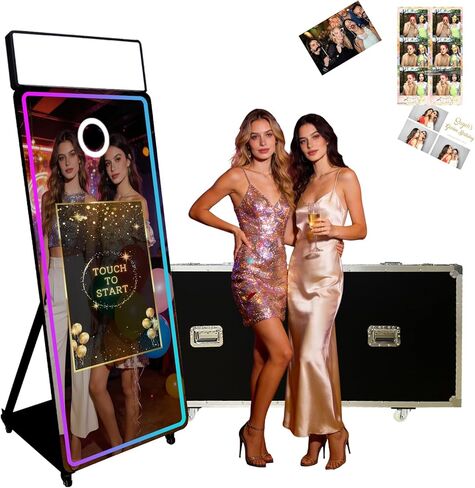 كشك صور بمرآة سحرية مقاس 65 بوصة مع شاشة لمس تفاعلية مقاس 32 بوصة، وإضاءة مربعة RGB، وكمبيوتر صغير وحقيبة طيران لتأجير حفلات الزفاف (أبيض، كشك صور + طابعة) in Kuwait