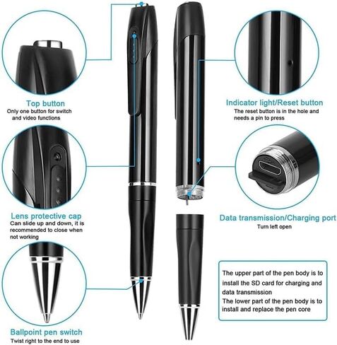 1080P HD Pen Camera with Audio – Mini Body Cam for Home Security & Nanny Monitoring | Discreet Micro Camera for Meetings & Lectures | One-Click Recording, 32GB SD Card Included in Kuwait