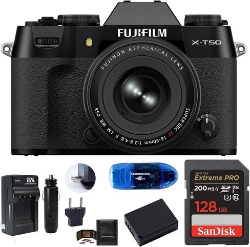 كاميرا FUJIFILM X-T50 بدون مرآة مع عدسة XF 16-50 مم (أسود)، تتضمن: بطاقة ذاكرة SanDisk Extreme PRO بسعة 128 جيجابايت، وبطارية احتياطية والمزيد (6 عناصر) in Kuwait