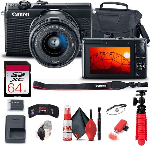 كاميرا Canon EOS M100 الرقمية بدون مرآة مع عدسة 15-45 مم (أسود) (2209C011) + بطاقة سعة 64 جيجابايت + حافظة + قارئ بطاقات + حامل ثلاثي مرن + حزام يد + حافظة غطاء + محفظة + مجموعة تنظيف in Kuwait