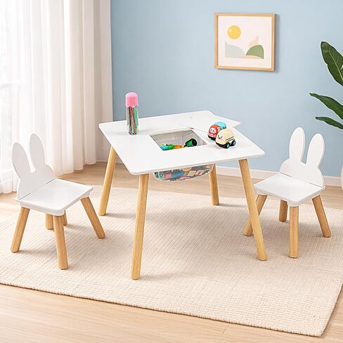 JOYMOR Kids Table and 2 Chairs Set, 3 in 1 Design for Toddler Activity, with Removable Tabletop, Storage Space and White Bunny Ear Chairs, Ideal for Craft and Playroom, Fit for Kids 2 to 5 Years Old in Saudi Arabia