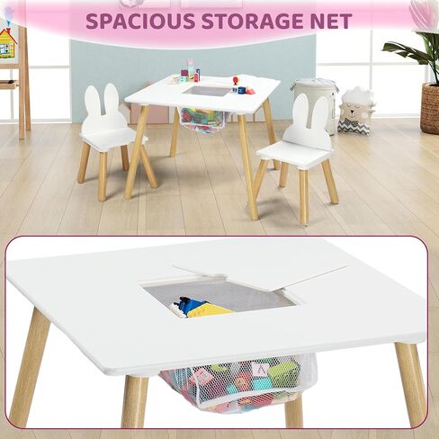 JOYMOR Kids Table and 2 Chairs Set, 3 in 1 Design for Toddler Activity, with Removable Tabletop, Storage Space and White Bunny Ear Chairs, Ideal for Craft and Playroom, Fit for Kids 2 to 5 Years Old in Saudi Arabia