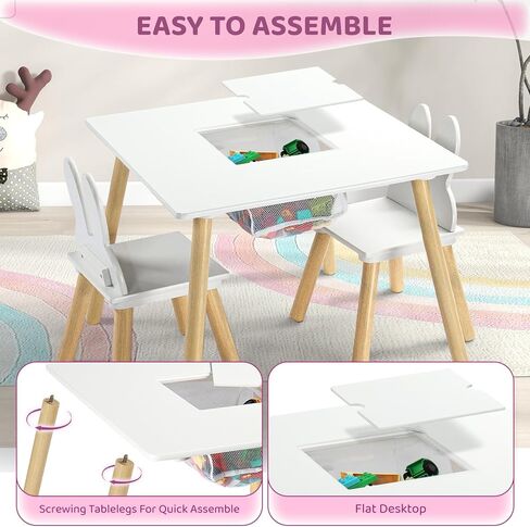 JOYMOR Kids Table and 2 Chairs Set, 3 in 1 Design for Toddler Activity, with Removable Tabletop, Storage Space and White Bunny Ear Chairs, Ideal for Craft and Playroom, Fit for Kids 2 to 5 Years Old in Saudi Arabia