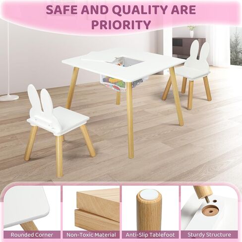 JOYMOR Kids Table and 2 Chairs Set, 3 in 1 Design for Toddler Activity, with Removable Tabletop, Storage Space and White Bunny Ear Chairs, Ideal for Craft and Playroom, Fit for Kids 2 to 5 Years Old in Saudi Arabia