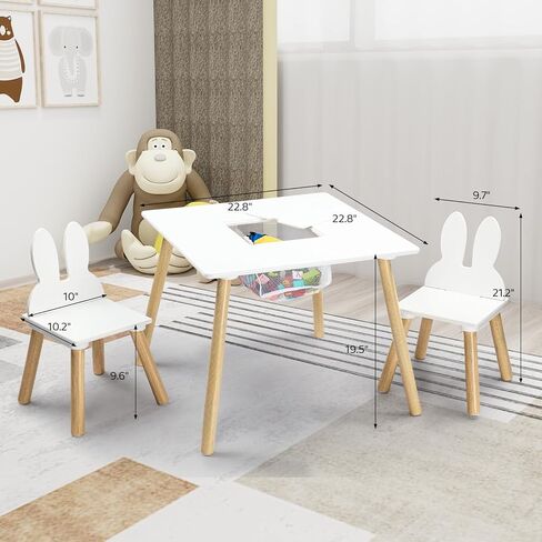 JOYMOR Kids Table and 2 Chairs Set, 3 in 1 Design for Toddler Activity, with Removable Tabletop, Storage Space and White Bunny Ear Chairs, Ideal for Craft and Playroom, Fit for Kids 2 to 5 Years Old in Saudi Arabia