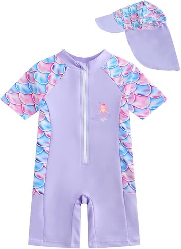 JiAmy Toddler Baby Girls Swimsuit with Sun Hat Short Sleeve Zip Up Rash Guard Sun Protection Beach One Piece Bathing Suit in Saudi Arabia