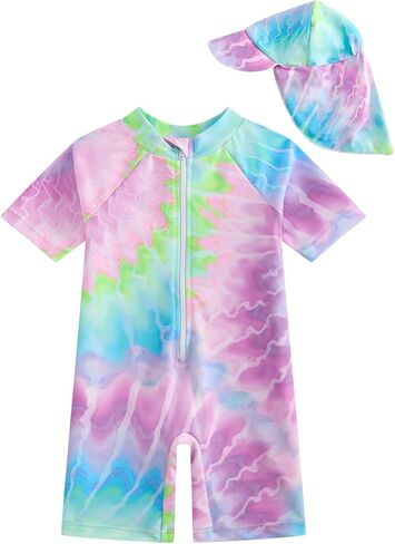 JiAmy Toddler Baby Girls Swimsuit with Sun Hat Short Sleeve Zip Up Rash Guard Sun Protection Beach One Piece Bathing Suit in Saudi Arabia