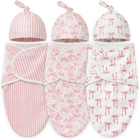 Janmercy 3 Pack Newborn Swaddle Blankets with Matching Hats Soft 100% Cotton Baby Sacks 0-3 Months for Girls Breathable Pink Floral Striped & Bow Print Swaddling Wraps Infant Essentials in Kuwait