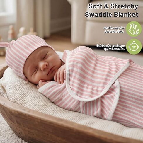Janmercy 3 Pack Newborn Swaddle Blankets with Matching Hats Soft 100% Cotton Baby Sacks 0-3 Months for Girls Breathable Pink Floral Striped & Bow Print Swaddling Wraps Infant Essentials in Kuwait