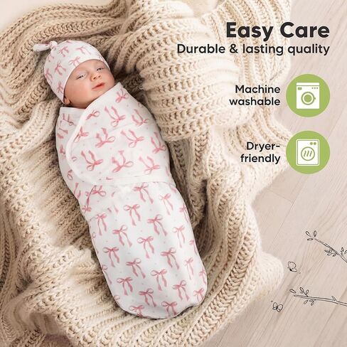 Janmercy 3 Pack Newborn Swaddle Blankets with Matching Hats Soft 100% Cotton Baby Sacks 0-3 Months for Girls Breathable Pink Floral Striped & Bow Print Swaddling Wraps Infant Essentials in Kuwait