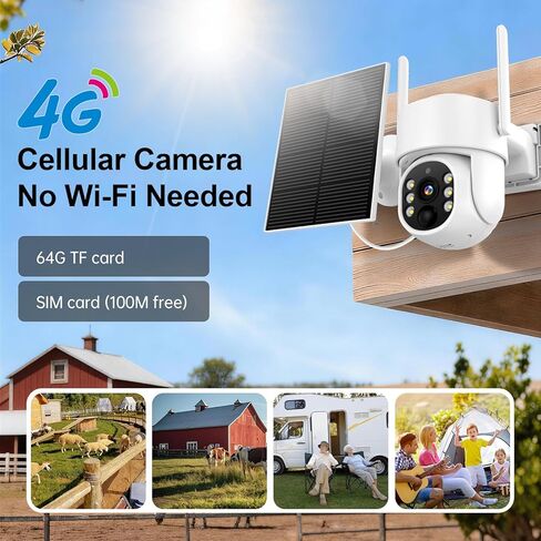 4G LTE Cellular Solar Security Camera Wireless Outdoor, No WiFi Solar Powered Camera, 360° Live View, 2K Color Night Vision, PIR Detection, 2-Way Audio, Motion Alert, Built in SIM Card (White) in Saudi Arabia