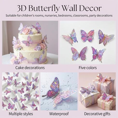 50 جهاز كمبيوتر شخصى 3D فراشة جدار ديكور، 3 أحجام 10 أنماط القابلة للإزالة فراشة ملصقات الحائط الفراشات الوردية ديكورات للفتيات غرفة الحضانة الفصول الدراسية حفلات أعياد الميلاد كعكة in Kuwait