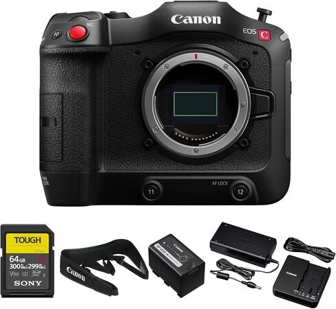 كاميرا Canon EOS C70 السينمائية - كاميرا مدمجة بدقة 4K Super 35 RF مزودة بميزة التركيز البؤري التلقائي ثنائي البكسل و16+ توقف DR ومرشحات ND وC-Log 2 (4507C002) + بطاقة ذاكرة سعة 64 جيجابايت in Kuwait