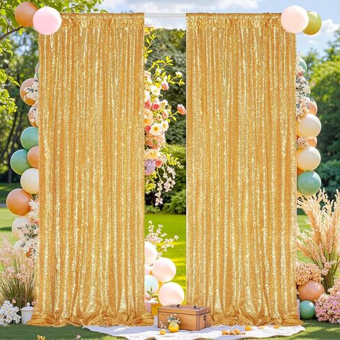 Gold Sequin Backdrop Curtains 2Panels 2x8ft for Party Photo Decor | Reusable & High Density Glitter Shiny Drapes Background for Birthday Wedding Halloween Christmas Event Stage Decoration in Saudi Arabia