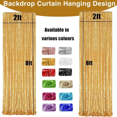 Gold Sequin Backdrop Curtains 2Panels 2x8ft for Party Photo Decor | Reusable & High Density Glitter Shiny Drapes Background for Birthday Wedding Halloween Christmas Event Stage Decoration in Saudi Arabia