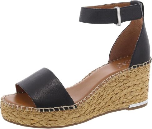 صندل نسائي من Franco Sarto Clemens Raffia Espadrille بكعب عريض، جلد أسود، 9 in Kuwait