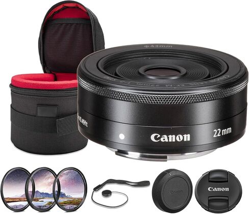 مجموعة عدسات Canon EF-M 22mm f/2 STM | برايم صغير الحجم ذو زاوية واسعة مع فتحة f/2 سريعة، وتركيز تلقائي سلس STM وتصميم فطيرة خفيف الوزن | لصور السفر والشوارع (5985B002) + مجموعة الفلاتر + المزيد in Kuwait
