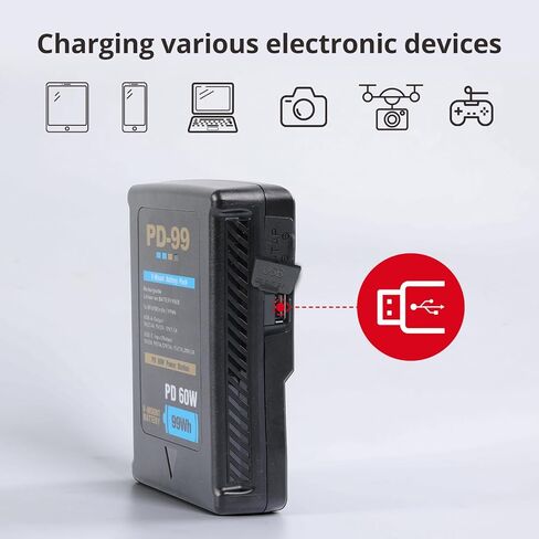 بطارية GVM 99Wh/6700mAh V Mount، بطارية قفل 14.8 فولت مع USB-C، شحن سريع PD60W، D-Tap، مخرج USB-A، مؤشر LED 4 مستويات لكاميرا الفيديو، ضوء فيديو LED ومعدات صناعة الأفلام in Kuwait