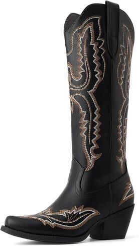 DREAM PAIRS Cowboy Knee High Boots for Women Western Retro Embroidered Cowgirl Boots Fashion Narrow Square Toe Comfortable Side Zipper Tall Boots for Ladies in Saudi Arabia