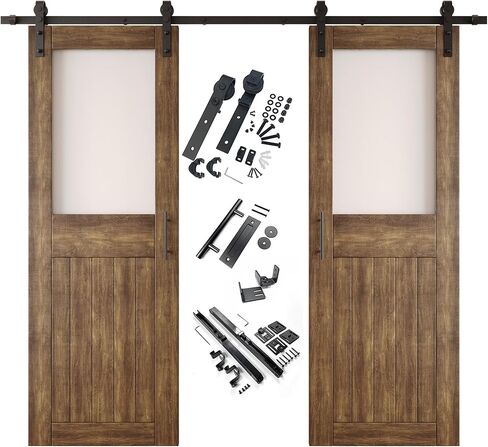 Dark Walnut 26 x 84 in. Sliding Barn Door, Set of 2 Doors, Half Lite Frosted Glass,Assembly Required, with 9 ft Double Door Hardware Kit, Non-Bypass, Interior Use in Saudi Arabia