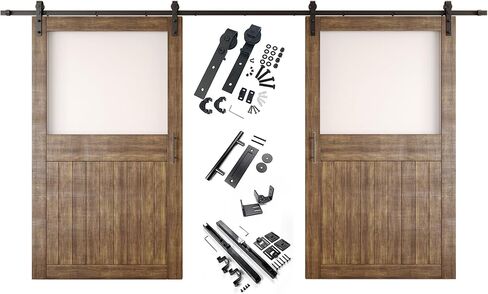 Dark Walnut 26 x 84 in. Sliding Barn Door, Set of 2 Doors, Half Lite Frosted Glass,Assembly Required, with 9 ft Double Door Hardware Kit, Non-Bypass, Interior Use in Saudi Arabia