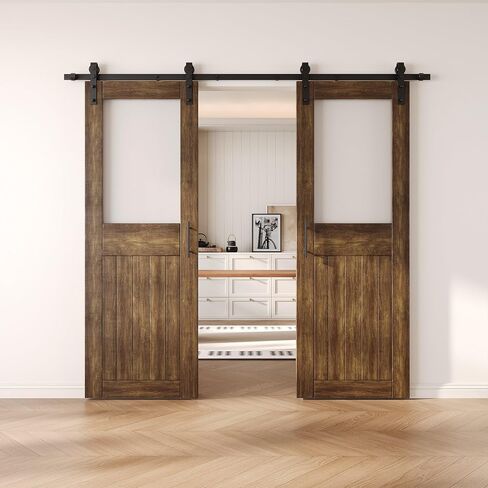 Dark Walnut 26 x 84 in. Sliding Barn Door, Set of 2 Doors, Half Lite Frosted Glass,Assembly Required, with 9 ft Double Door Hardware Kit, Non-Bypass, Interior Use in Saudi Arabia