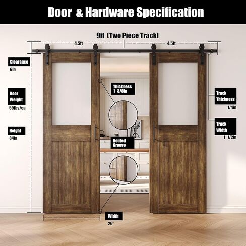 Dark Walnut 26 x 84 in. Sliding Barn Door, Set of 2 Doors, Half Lite Frosted Glass,Assembly Required, with 9 ft Double Door Hardware Kit, Non-Bypass, Interior Use in Saudi Arabia