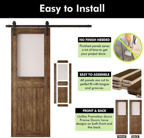 Dark Walnut 26 x 84 in. Sliding Barn Door, Set of 2 Doors, Half Lite Frosted Glass,Assembly Required, with 9 ft Double Door Hardware Kit, Non-Bypass, Interior Use in Saudi Arabia