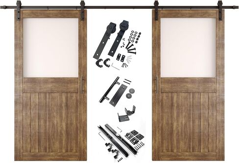 Dark Walnut 26 x 84 in. Sliding Barn Door, Set of 2 Doors, Half Lite Frosted Glass,Assembly Required, with 9 ft Double Door Hardware Kit, Non-Bypass, Interior Use in Saudi Arabia