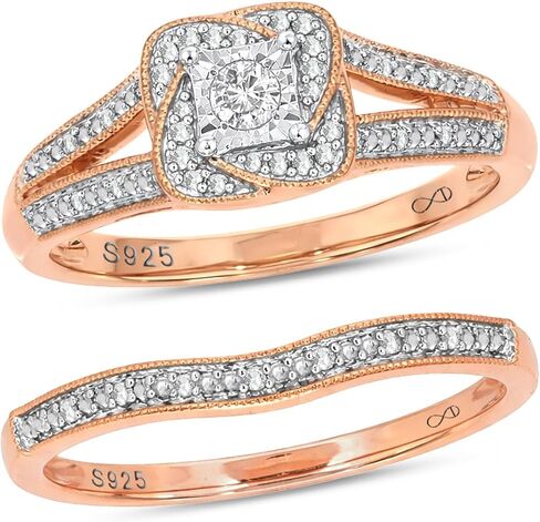 1/5cttw Diamond Illusion Set and Twisted Halo Wedding Ring Set with Matching Diamond Curved Half Eternity Band for Women in Yellow Gold-Plated, Rose Gold-Plated or 925 Sterling Silver in Saudi Arabia