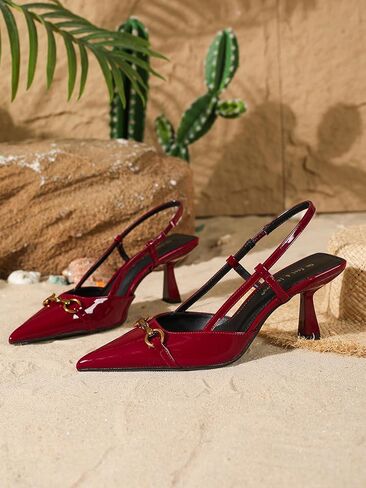 Women's Red Patent Leather Slingback Pumps, Pointed Toe, Gold Horsebit Detail, Kitten Heel in Kuwait