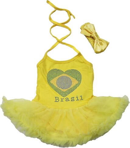 Petitebella Brazil Flag Heart Yellow Halter Bodysuit Tutu Baby Dress Nb-24m in Saudi Arabia