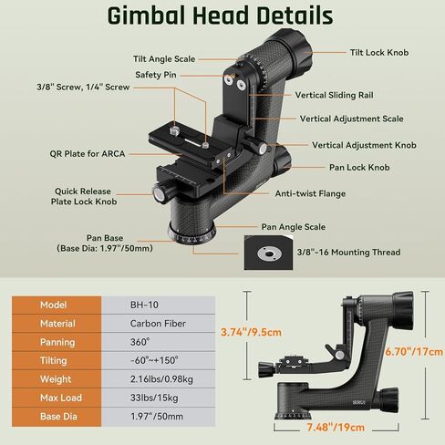 حامل ثلاثي من ألياف الكربون SP324 عالي التحمل ومجموعة رأس BH-10 Gimbal، احترافية للمناظر الطبيعية والحياة البرية وتصوير الطيور والرياضة والمقربة الطويلة وتتبع الفيديو، يدعم ما يصل إلى 33 رطل/15 كجم in Kuwait